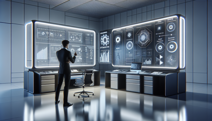 A futuristic office with modular, color-coded compartments and a person using a digital interface for file organization.
