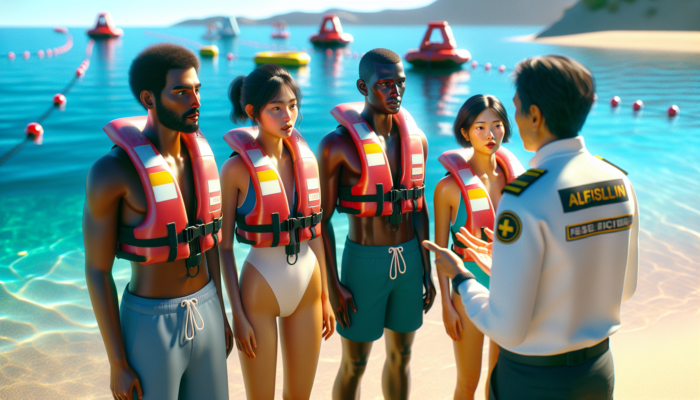 Diverse group wearing life jackets listening to water safety instructor on a sunny beach.