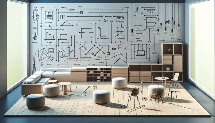 Furniture Removal Methods for Clearance: A minimalist room with marked furniture for removal, showing clear paths and space efficiency, with arrows for future layout adjustments.