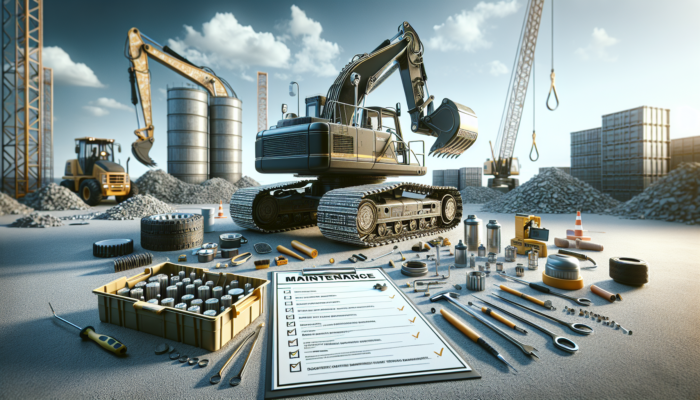 A well-maintained excavator on a construction site, undergoing oil change, filter replacement, and track adjustment.