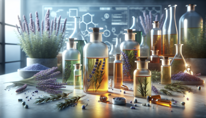Glass bottles of herbal oils with lavender and rosemary in a serene apothecary setting.