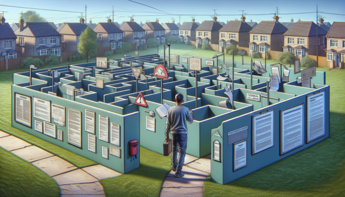 A person navigating a maze of local council documents with UK houses in the background.