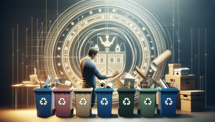 Person sorting household items into recycling bins labeled for paper, plastics, metals, and glass, with UK council logo.