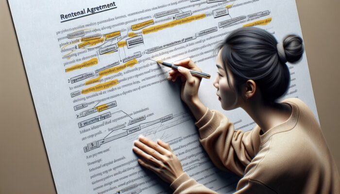 Person reading rental agreement, highlighting payment terms, deposits, and hidden fees.