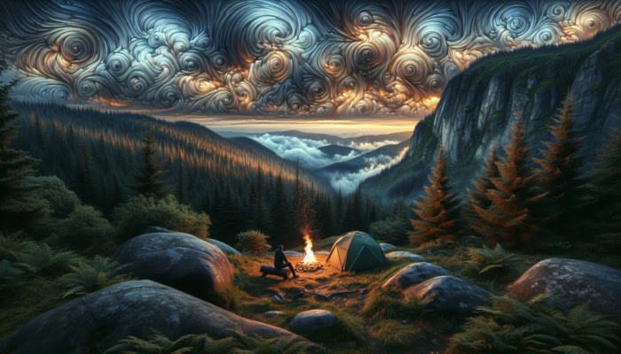 Fire-Making in the Wild: A serene campsite with a fire downwind, surrounded by boulders and trees, under a partly cloudy sky with distant rain.