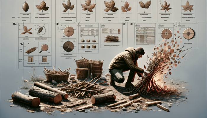 Person gathering dry leaves, twigs, logs in wilderness, organizing into tinder, kindling, fuel for campfire.