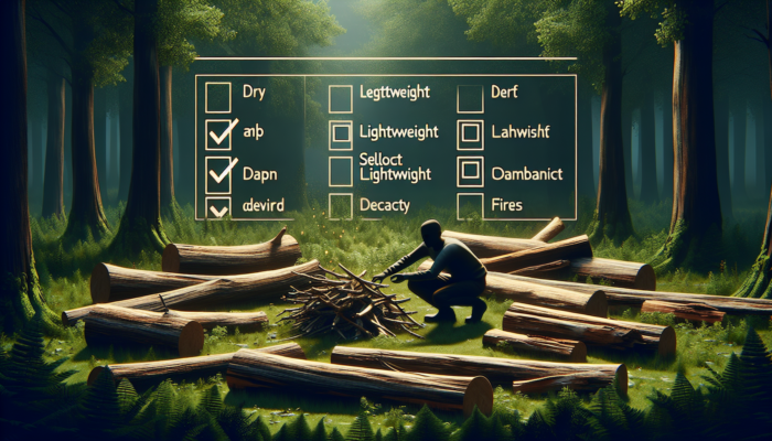 Person selecting dry, lightweight logs from downed trees in forest for campfire, checking for crisp sound.