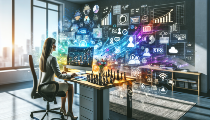 A B2B marketer analyzing budget allocation across marketing channels on a computer in a modern office.