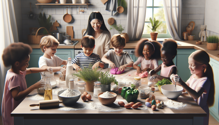 DIY Herbal Crafts for Kids: Children mixing flour, salt, water, and herbs like thyme, basil, parsley into colourful homemade playdough.