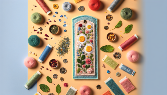 A colourful felt bookmark with embroidery and dried herbs like chamomile, mint, and rose petals, enhancing reading with fragrance.