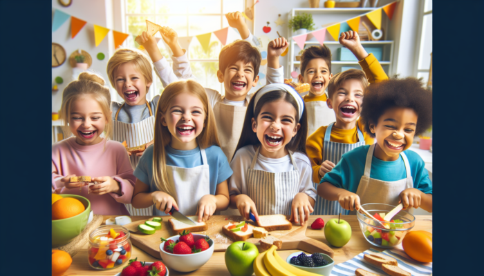 Top Tips for Cooking with Kids in Mind: Children joyfully cooking simple recipes in a colourful kitchen, boosting their confidence and skills.