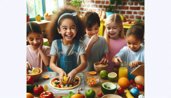 Children experimenting in kitchen, adding unique ingredients to dishes, showcasing culinary creativity.