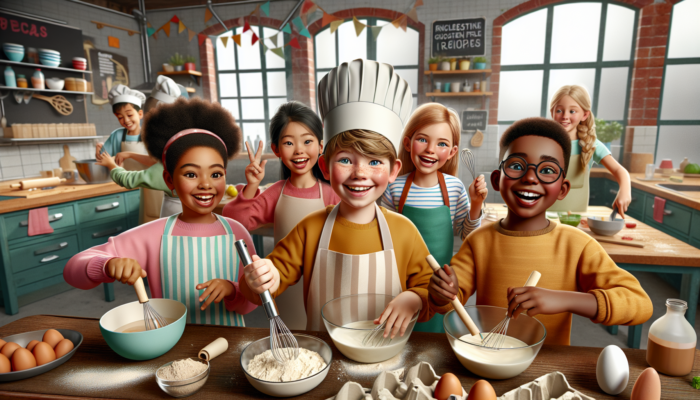 Children cooking together, using almond milk and gluten-free flour, celebrating diverse dietary needs in an inclusive kitchen.