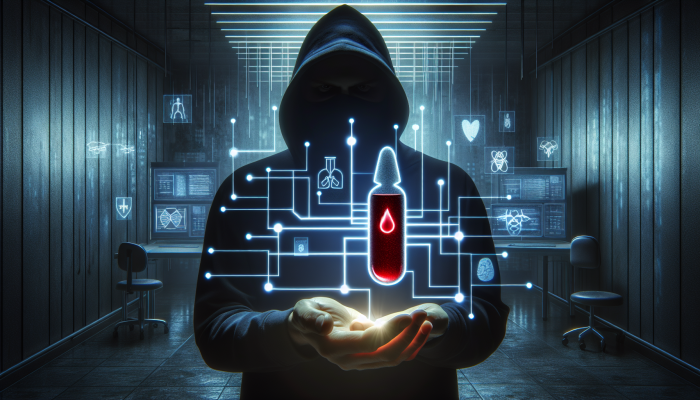 A hacker accessing medical records in a dark room, exposing sensitive blood test results, illustrating data breach risks in healthcare.