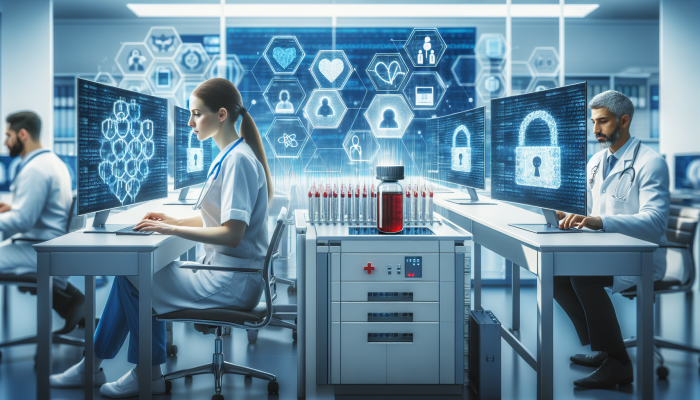 UK hospital staff using encryption on computers to secure patient data, ensuring privacy of blood test results.