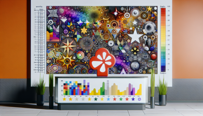 A modern dashboard with colourful graphs and the Yelp logo, showcasing restaurant business analytics.
