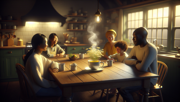 A steaming cup of chamomile tea on a wooden table in a cozy UK kitchen, surrounded by a relaxed family.