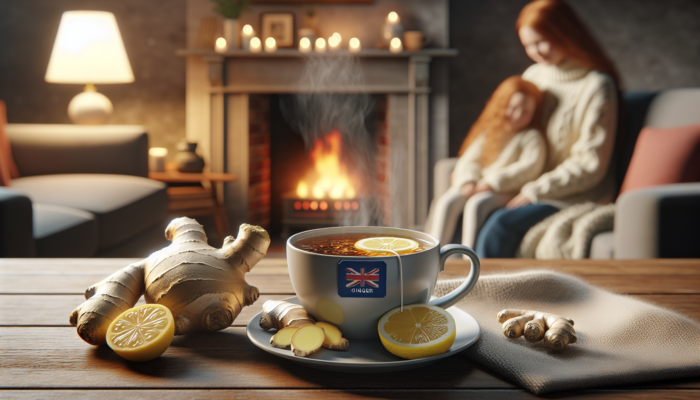 A steaming cup of ginger tea with ginger and lemon slices, in a cozy UK family setting by a fireplace.