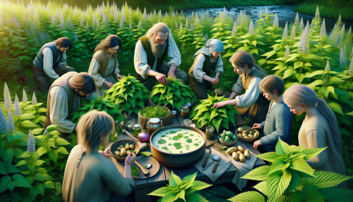Family foraging for nettles in a spring meadow, cooking a creamy, nutritious soup with potatoes and onions.