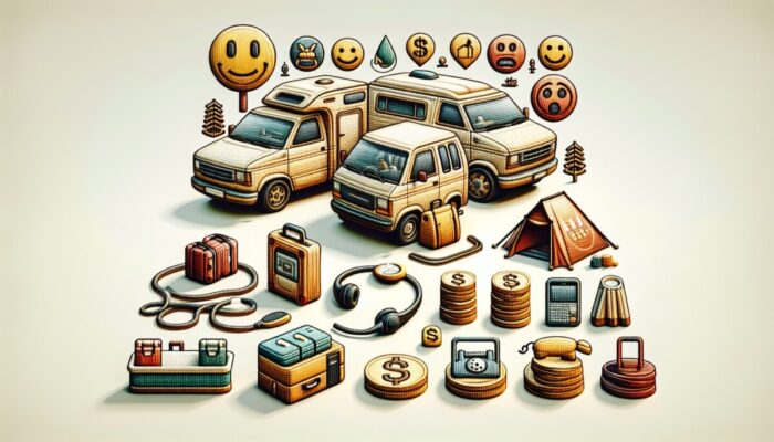 Comparison chart of camper van rentals with reviews, amenities, pricing, and customer support icons.