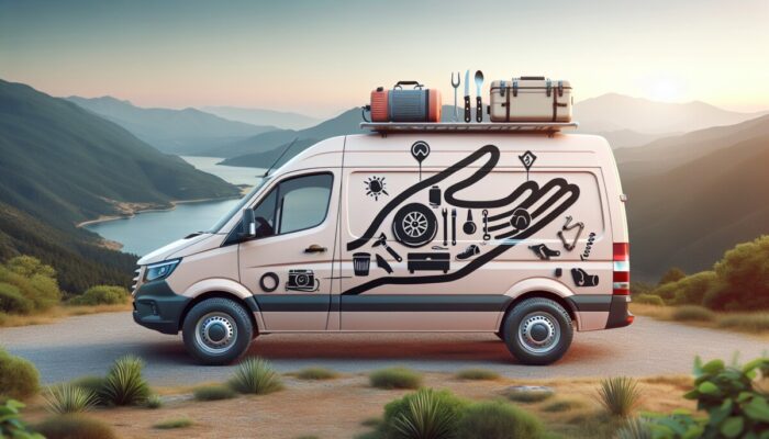 Modern camper van at scenic overlook, equipped with GPS, outdoor gear, kitchen supplies, and roadside assistance logo.