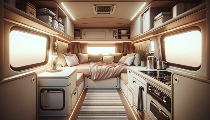 Cozy camper van interior with sleeping area, kitchenette, and storage for comfortable road living.