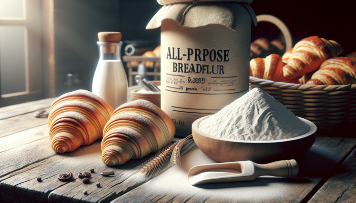 How to Make Flaky Croissants at Home: High-quality all-purpose and bread flour on a rustic kitchen table, essential for authentic croissants.
