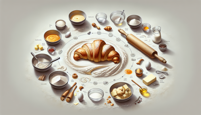 Visual guide of croissant dough preparation process on a kitchen counter.