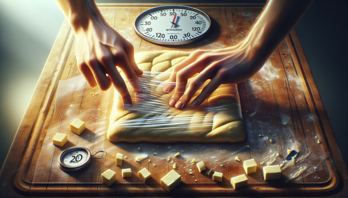Hands wrapping dough with visible butter chunks in plastic wrap, timer set to 30 minutes on kitchen counter.