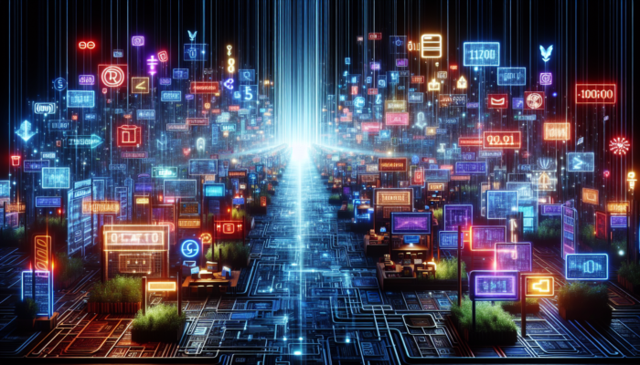 SEO Digital Marketing: A vibrant digital marketplace with stalls competing for attention, symbolising SEO's role in enhancing online visibility.