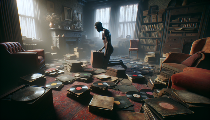 A person surrounded by dusty records, old books, and cherished furniture in a dimly lit UK home, overwhelmed with grief and nostalgia.