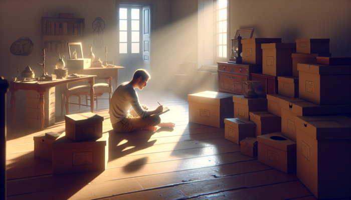 Person in sunlit room, writing in journal amidst labeled boxes and family heirlooms, preparing for house clearance.