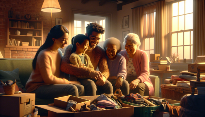 UK family in living room, sorting belongings, sharing memories, turning grief into celebration.