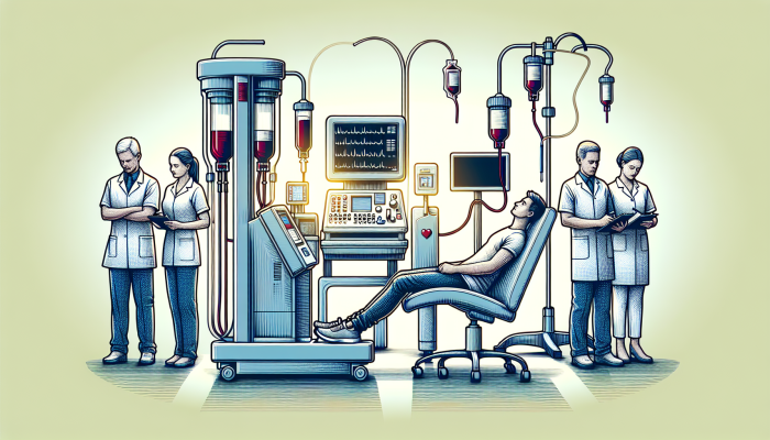 A serene clinic interior in Stourbridge with modern equipment, where a patient undergoes a blood test surrounded by caring staff.