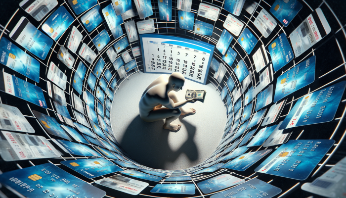 Is Debt Consolidation Better than Minimum Payments: A UK guide | DCL Person trapped in debt cycle with credit cards, calendar showing slow years, small money covering interest on large debt.