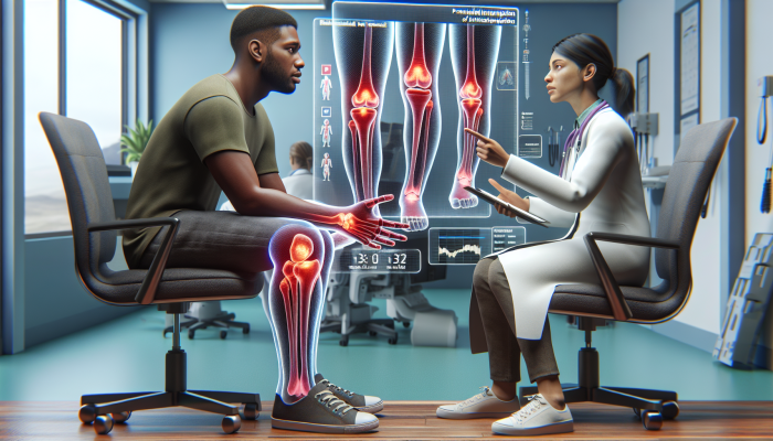 A patient and rheumatologist discussing arthritis blood test results in a clinic, emphasizing personalized interpretation.