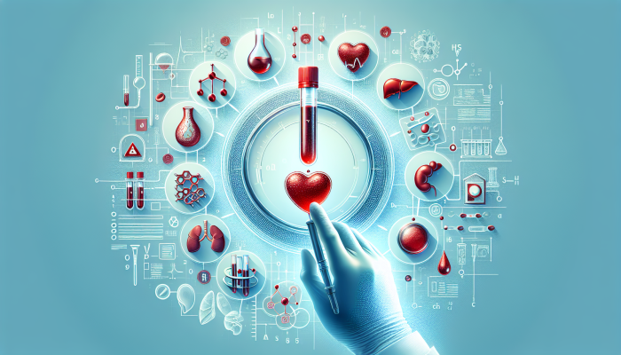 Illustration of blood sample analysis showing cholesterol, blood sugar, liver, and kidney markers for preventive healthcare in Reigate.