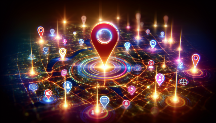 A vibrant digital map highlighting a local business with glowing Bing Places icons and colorful SEO data.