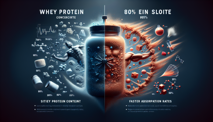 Split image comparing Whey Protein Concentrate (70-80% protein) and Isolate (90%+), with graphs showing isolate's faster absorption post-workout.