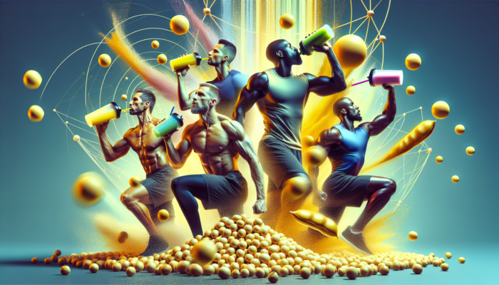 Diverse athletes in gym drinking pea protein shakes, surrounded by yellow split peas and amino acid diagrams.