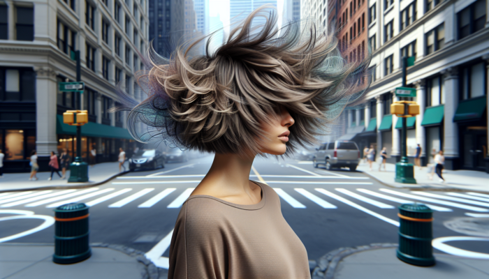 Woman with choppy bob, tousled beachy style, full and dynamic, urban setting.