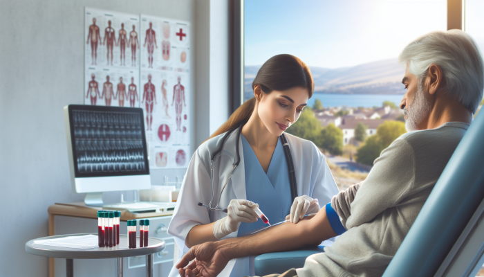 A serene clinic in St Albans with a patient preparing for a blood test, receiving instructions from a nurse.