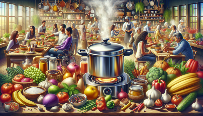 A stovetop pressure cooker steaming on a stove, surrounded by fresh ingredients and diverse cooks.