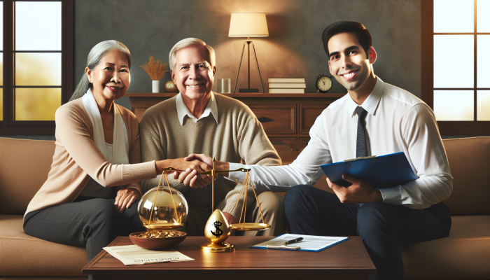 Debt Consolidation Loans with Equity Options: Your Home's Potential | DCL An elderly couple signing a home reversion contract in their living room, symbolizing retirement stability.