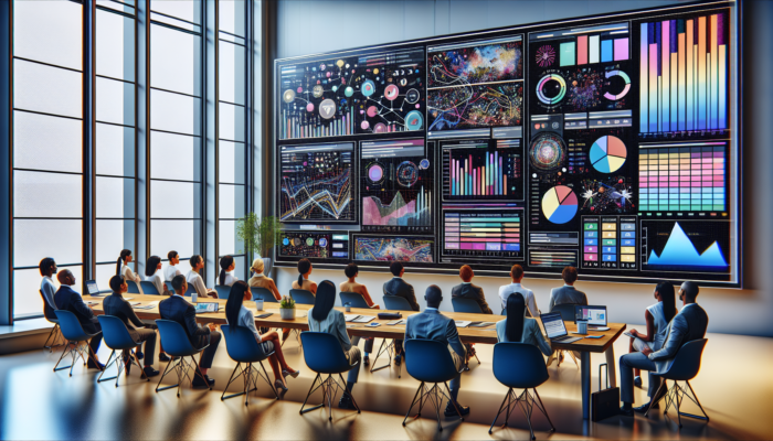 A team analysing colourful Google Business Analytics graphs on a large screen in a modern office.