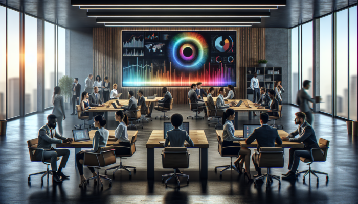 A modern office with a digital screen displaying Google Business Analytics dashboards, team strategizing data optimisation.
