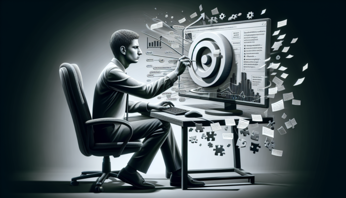 Individual setting up Google Business Analytics, looking frustrated, neglecting key steps like goal setting and tracking code installation.