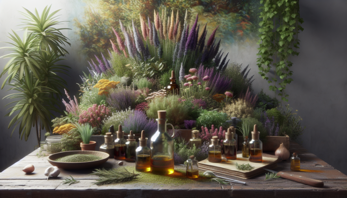 How to Infuse Herbs in Oils: A UK garden with rosemary, thyme, and lavender plants, their oils being infused into glass bottles.