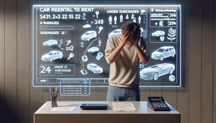 A young adult at a car rental counter, frustrated by age restrictions and surcharges.