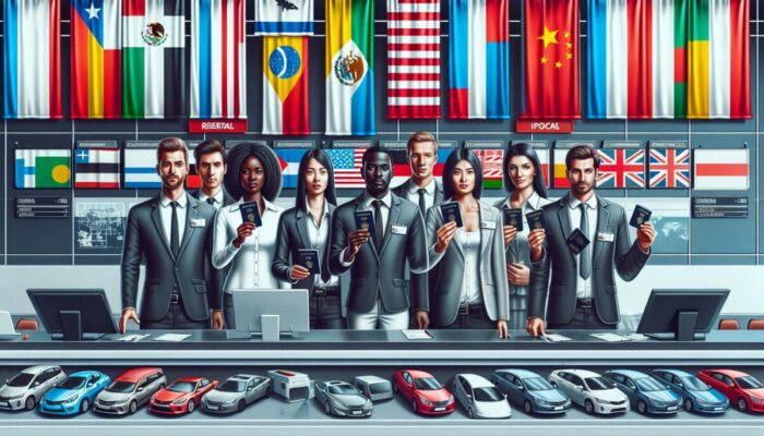 Diverse group of travelers at car rental desk showing passports, with flags and rental cars in background.